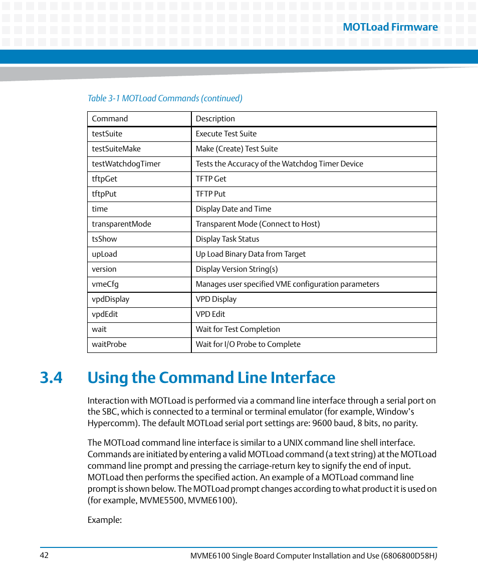 4 using the command line interface, Motload firmware | Artesyn MVME6100 Single Board Computer Installation and Use (June 2014) User Manual | Page 42 / 120