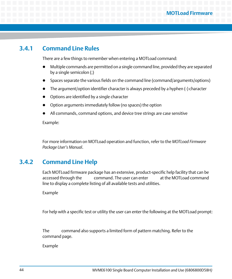 1 command line rules, 2 command line help, Motload firmware | Artesyn MVME6100 Single Board Computer Installation and Use (June 2014) User Manual | Page 44 / 120