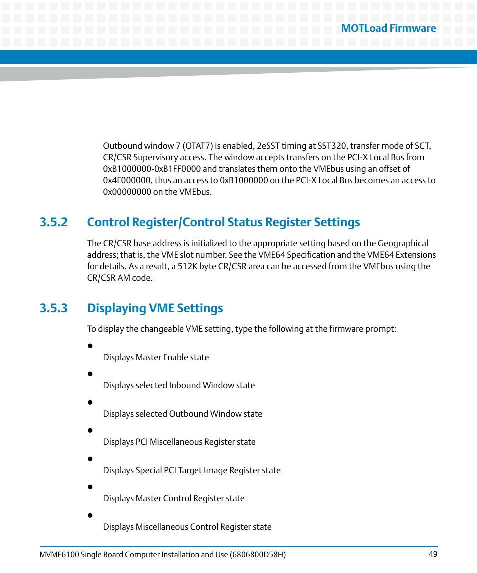 3 displaying vme settings, Motload firmware | Artesyn MVME6100 Single Board Computer Installation and Use (June 2014) User Manual | Page 49 / 120