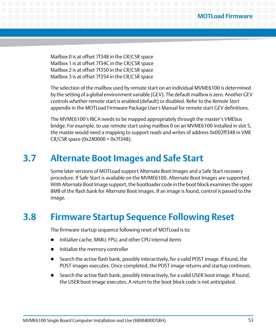 7 alternate boot images and safe start, 8 firmware startup sequence following reset | Artesyn MVME6100 Single Board Computer Installation and Use (June 2014) User Manual | Page 53 / 120