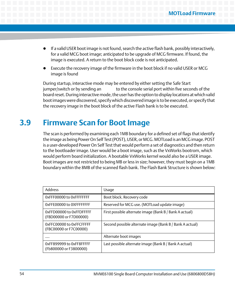 9 firmware scan for boot image, Motload firmware | Artesyn MVME6100 Single Board Computer Installation and Use (June 2014) User Manual | Page 54 / 120