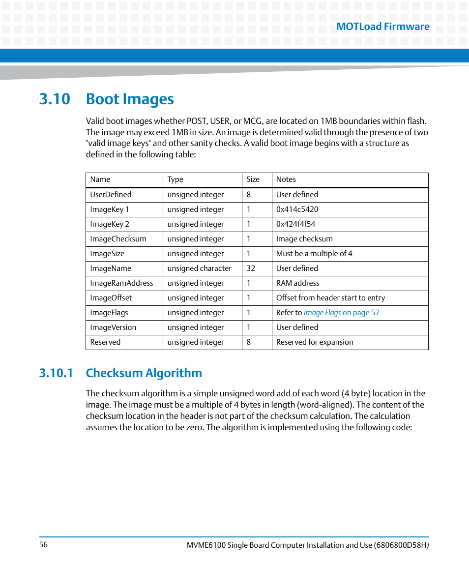 10 boot images, 1 checksum algorithm, Motload firmware | Artesyn MVME6100 Single Board Computer Installation and Use (June 2014) User Manual | Page 56 / 120