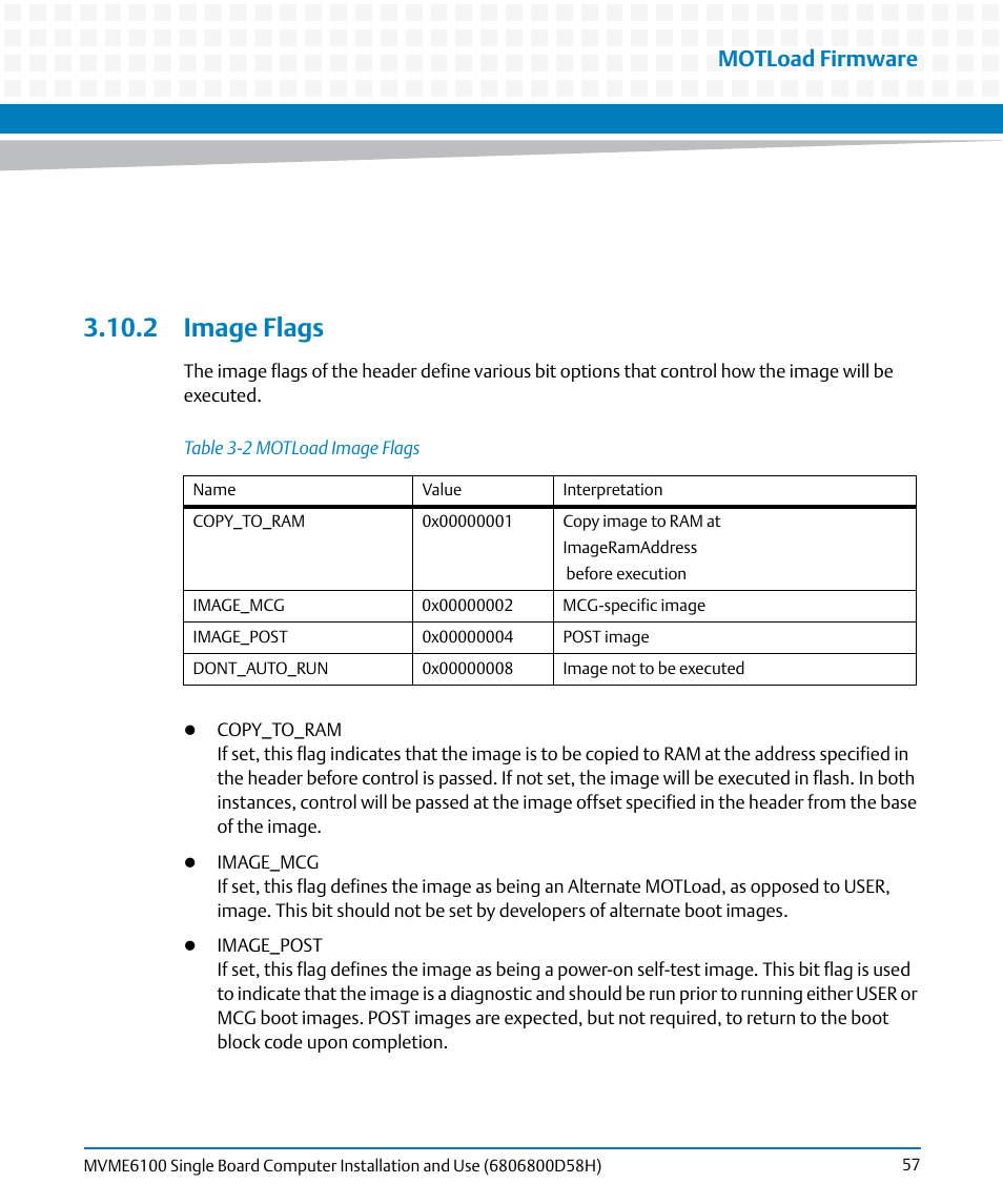 2 image flags, Table 3-2, Motload image flags | Image flags, Motload firmware | Artesyn MVME6100 Single Board Computer Installation and Use (June 2014) User Manual | Page 57 / 120