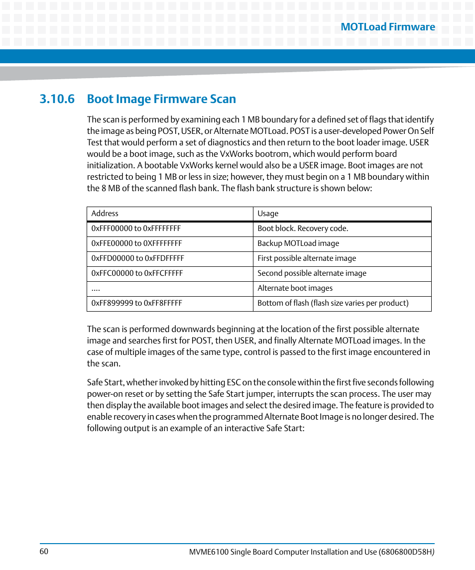 6 boot image firmware scan, Motload firmware | Artesyn MVME6100 Single Board Computer Installation and Use (June 2014) User Manual | Page 60 / 120