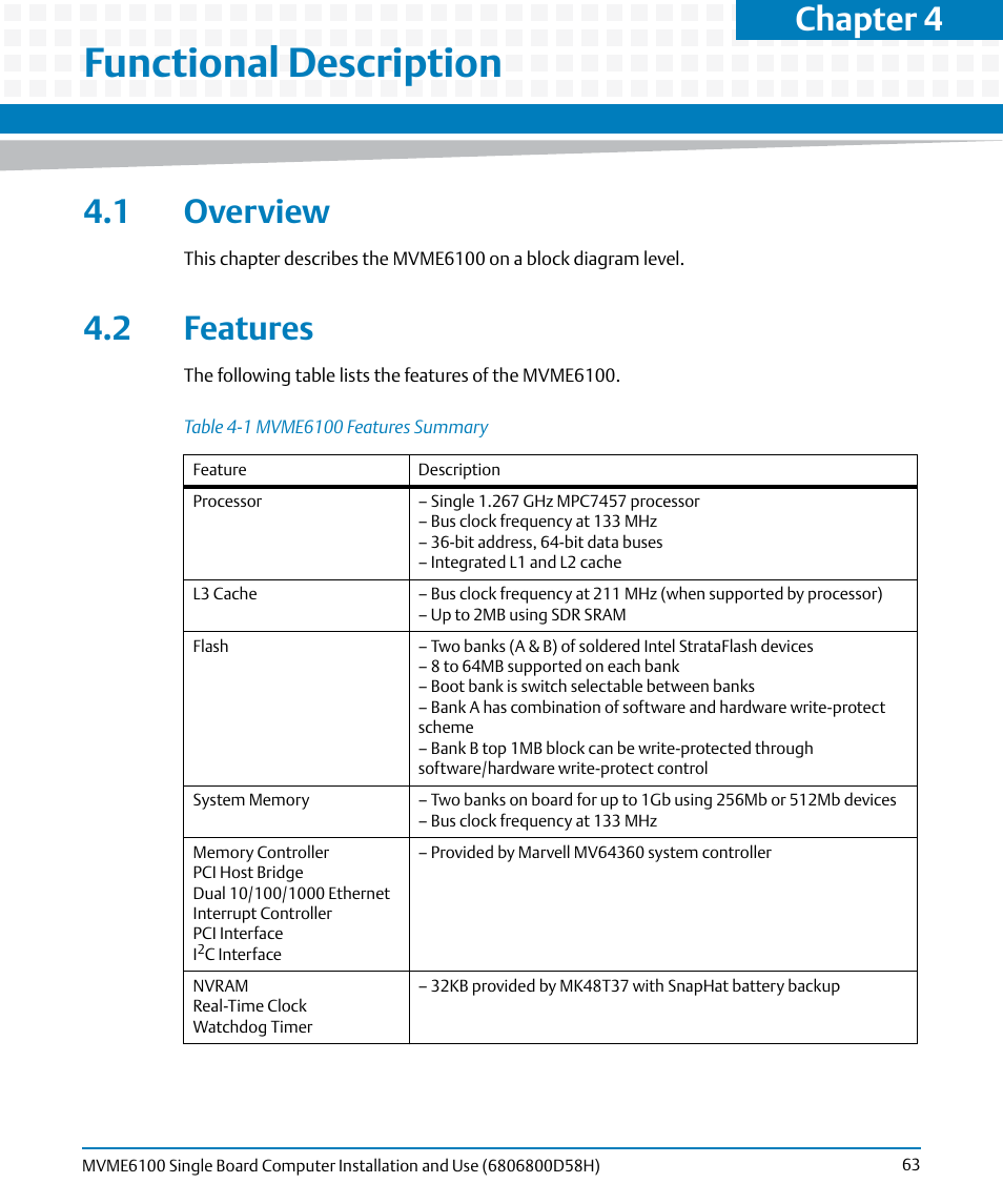 Functional description, 1 overview, 2 features | 1 overview 4.2 features, Table 4-1, Mvme6100 features summary, Features, Chapter 4 | Artesyn MVME6100 Single Board Computer Installation and Use (June 2014) User Manual | Page 63 / 120