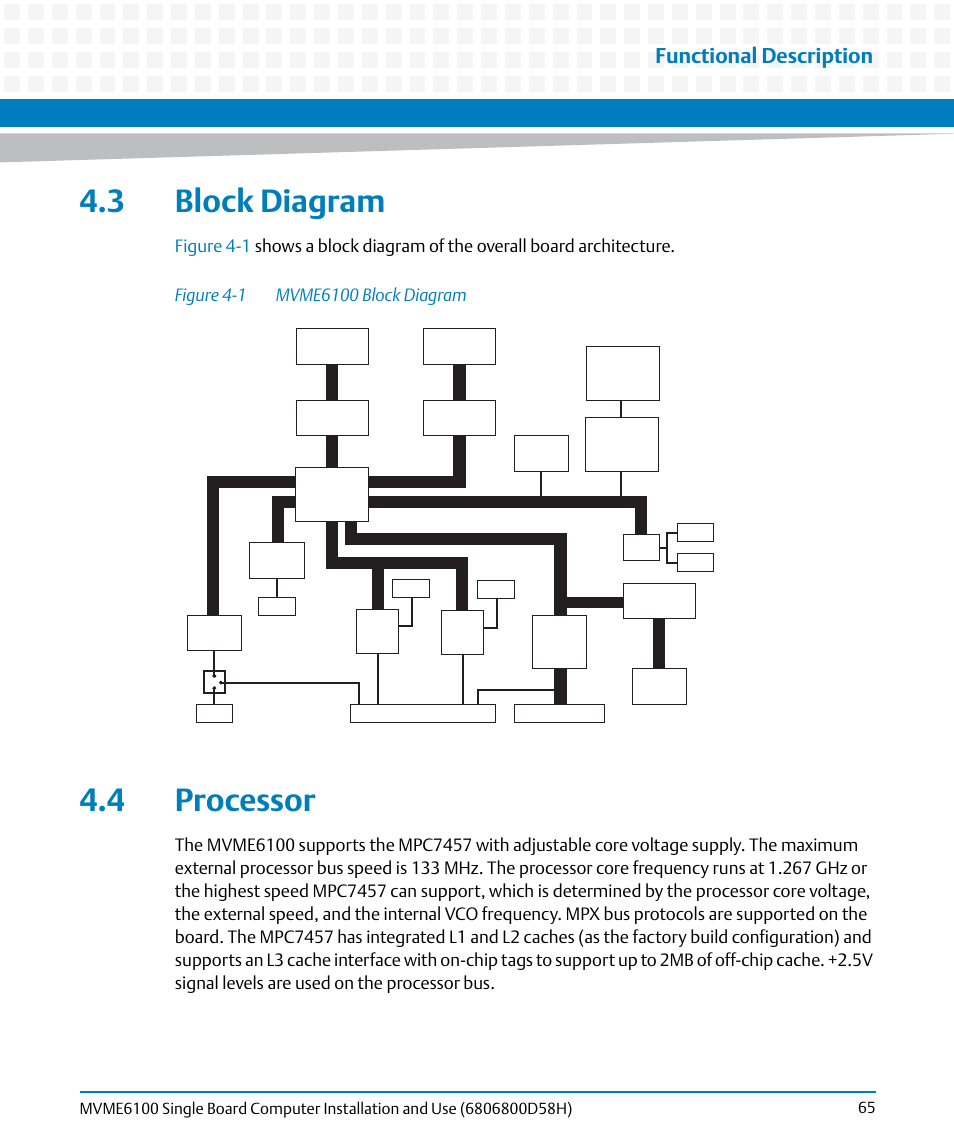 3 block diagram, 4 processor, 3 block diagram 4.4 processor | Figure 4-1, Mvme6100 block diagram, Functional description | Artesyn MVME6100 Single Board Computer Installation and Use (June 2014) User Manual | Page 65 / 120