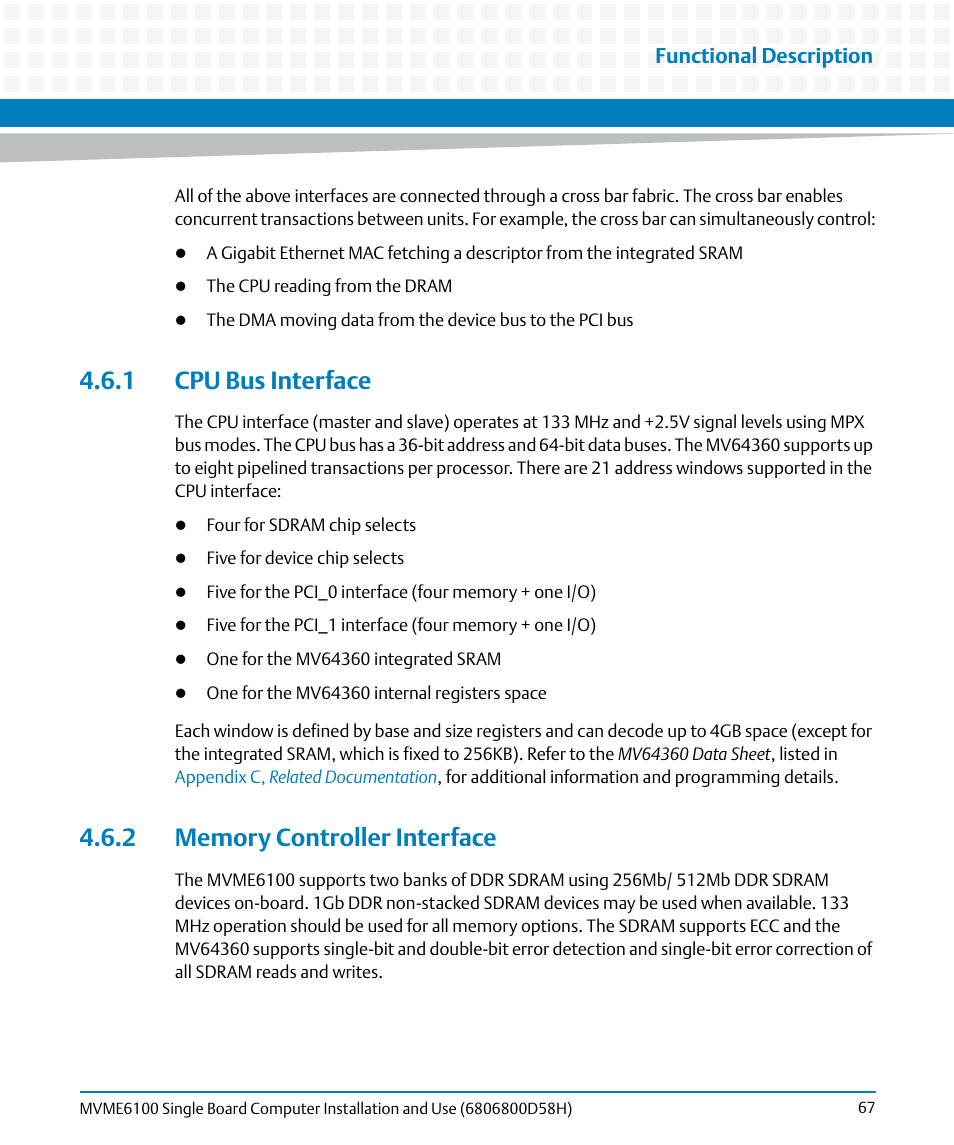 1 cpu bus interface, 2 memory controller interface, Functional description | Artesyn MVME6100 Single Board Computer Installation and Use (June 2014) User Manual | Page 67 / 120