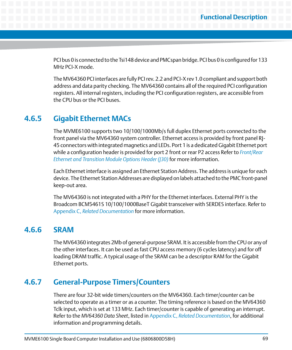 5 gigabit ethernet macs, 6 sram, 7 general-purpose timers/counters | Artesyn MVME6100 Single Board Computer Installation and Use (June 2014) User Manual | Page 69 / 120
