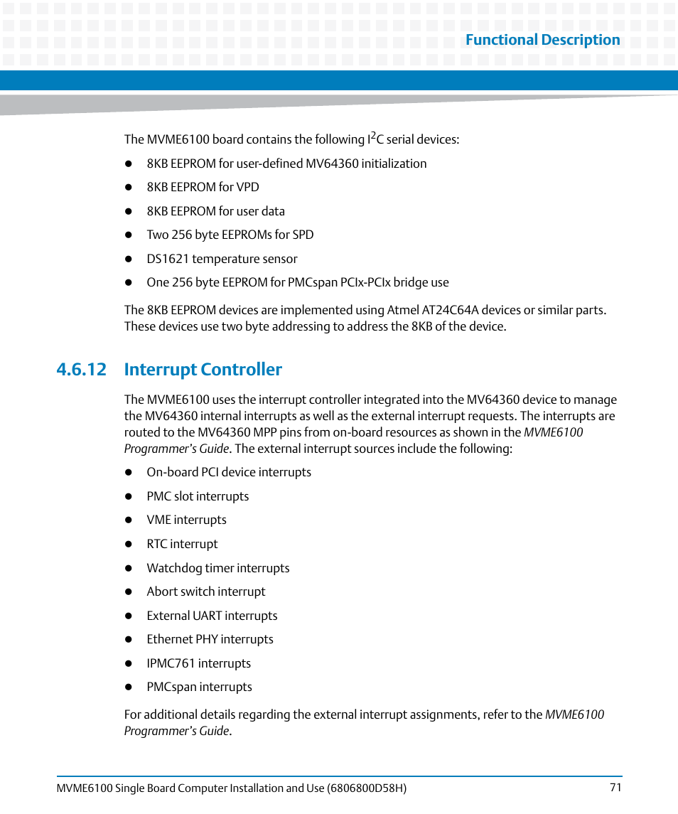 12 interrupt controller, Functional description | Artesyn MVME6100 Single Board Computer Installation and Use (June 2014) User Manual | Page 71 / 120