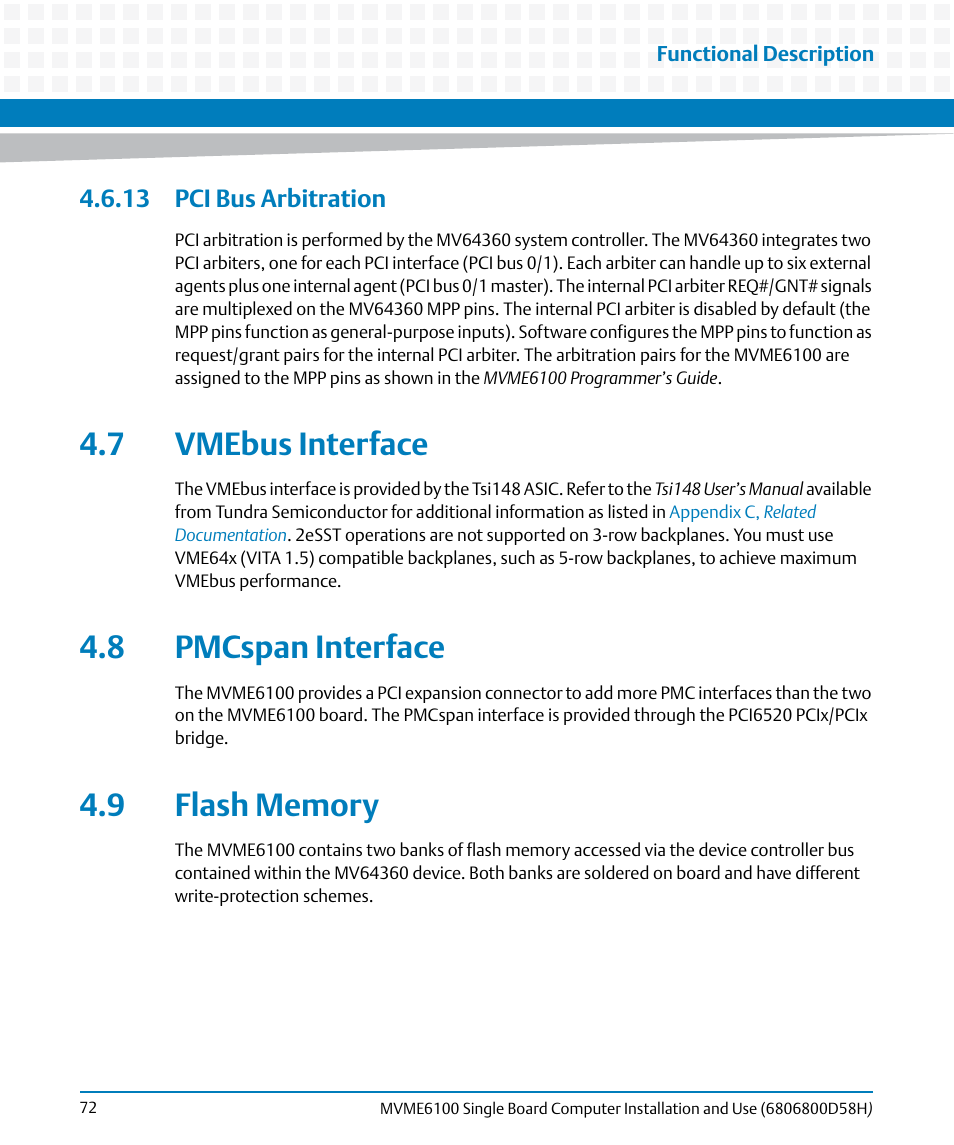 13 pci bus arbitration, 7 vmebus interface, 8 pmcspan interface | 9 flash memory | Artesyn MVME6100 Single Board Computer Installation and Use (June 2014) User Manual | Page 72 / 120