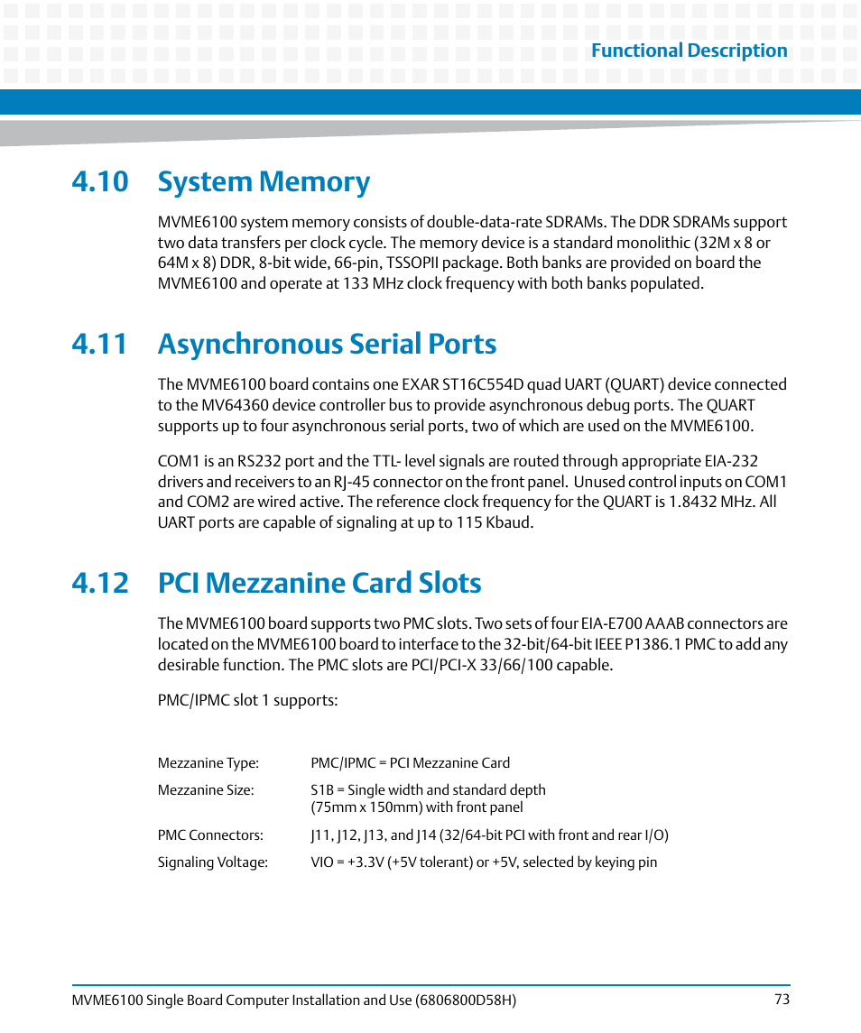 10 system memory, 11 asynchronous serial ports, 12 pci mezzanine card slots | Artesyn MVME6100 Single Board Computer Installation and Use (June 2014) User Manual | Page 73 / 120