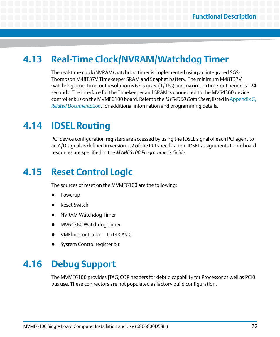 13 real-time clock/nvram/watchdog timer, 14 idsel routing, 15 reset control logic | 16 debug support, T. see, Reset, Control logic | Artesyn MVME6100 Single Board Computer Installation and Use (June 2014) User Manual | Page 75 / 120