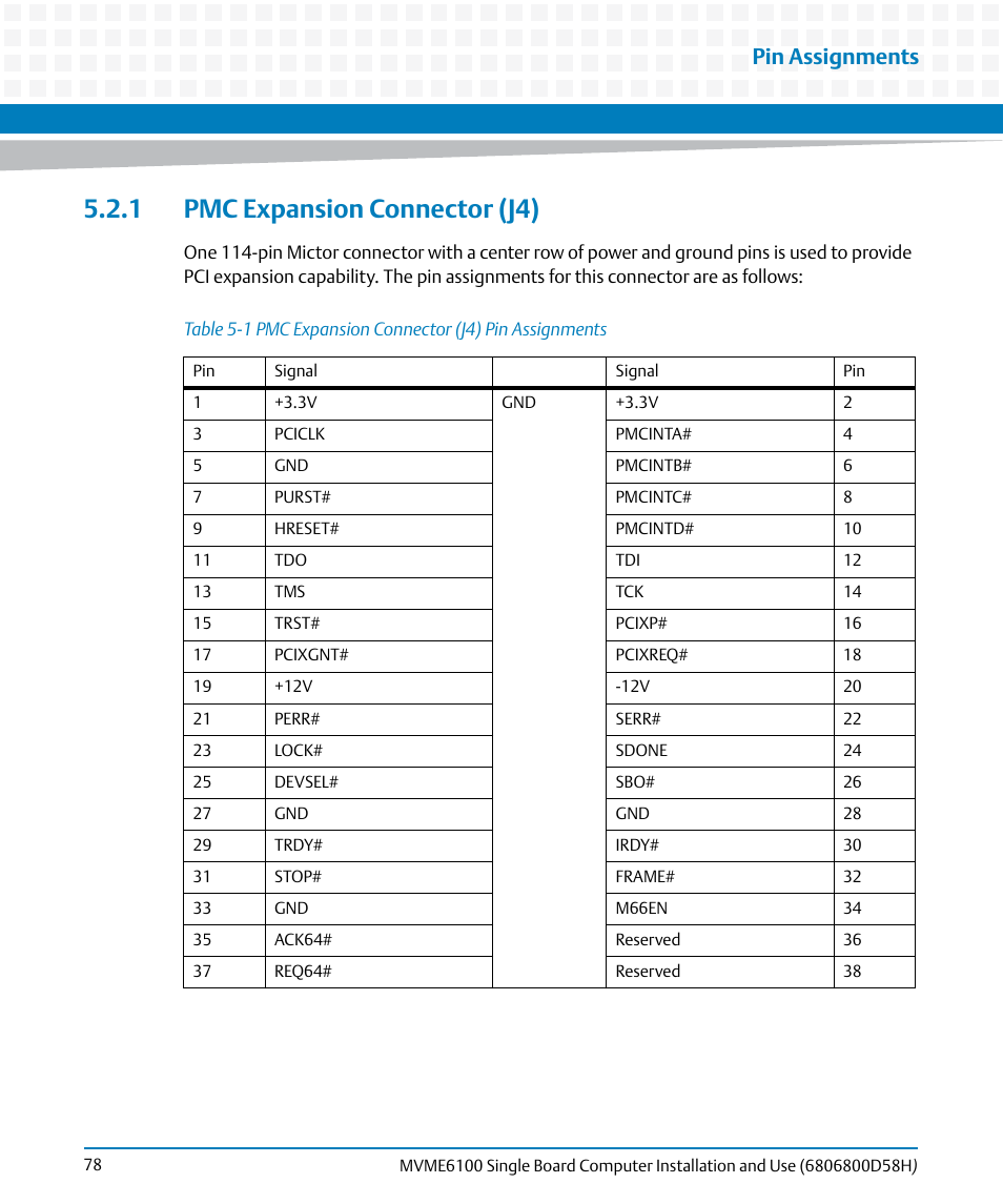 1 pmc expansion connector (j4), Table 5-1, Pmc expansion connector (j4) pin assignments | Pin assignments | Artesyn MVME6100 Single Board Computer Installation and Use (June 2014) User Manual | Page 78 / 120