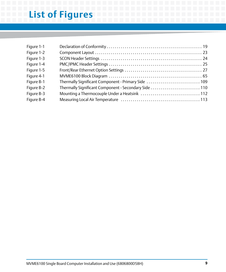 List of figures | Artesyn MVME6100 Single Board Computer Installation and Use (June 2014) User Manual | Page 9 / 120