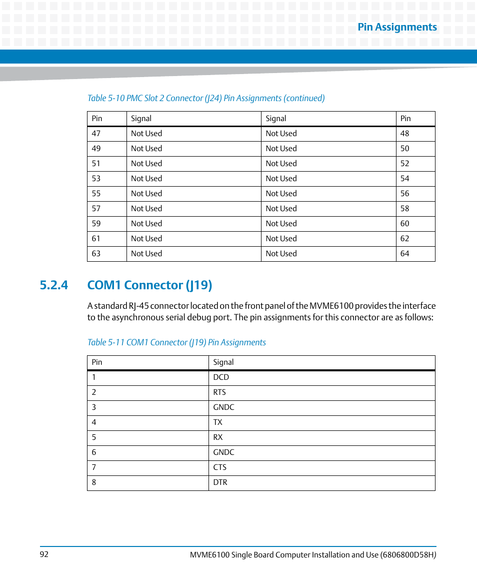 4 com1 connector (j19), Table 5-11, Com1 connector (j19) pin assignments | Com1 connector (j19), Pin assignments | Artesyn MVME6100 Single Board Computer Installation and Use (June 2014) User Manual | Page 92 / 120