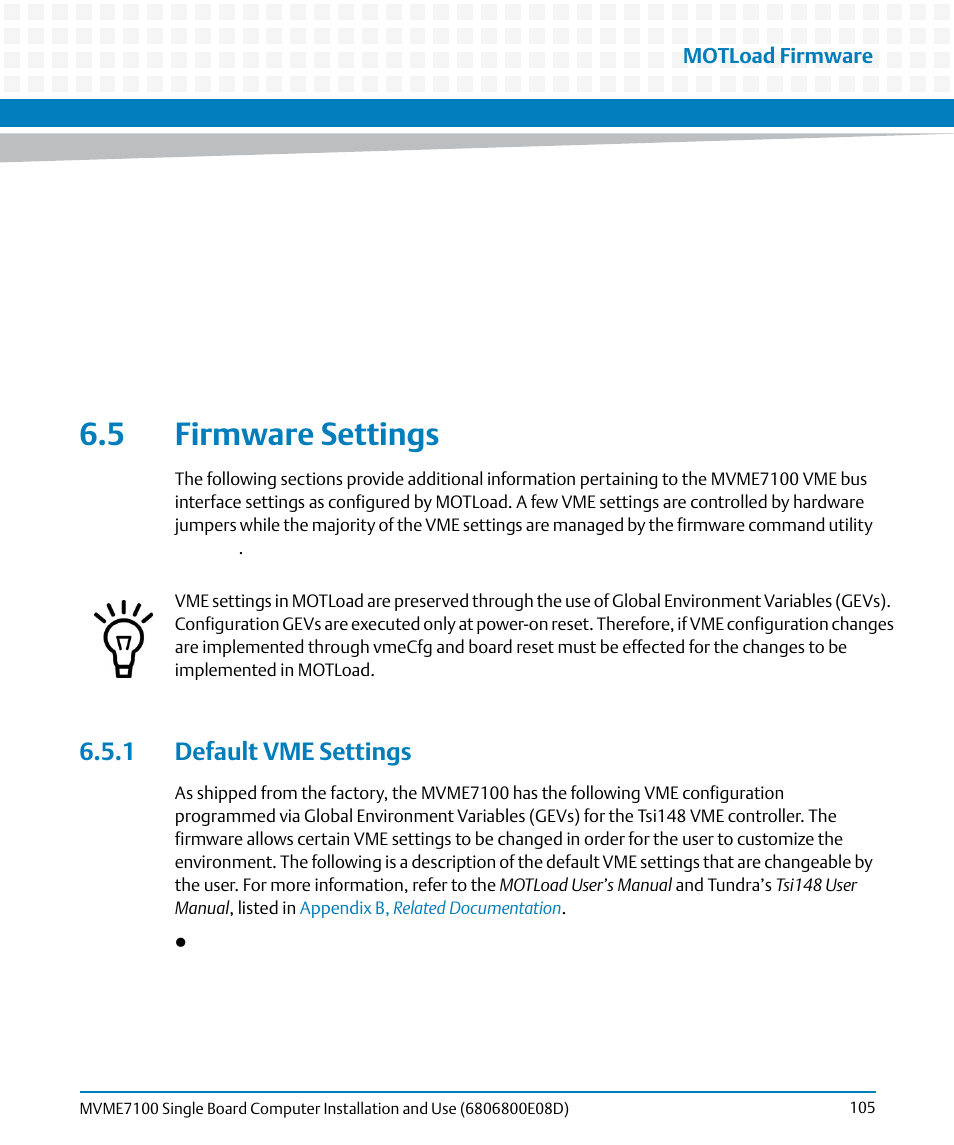 5 firmware settings, 1 default vme settings, Motload firmware | Artesyn MVME7100 Single Board Computer Installation and Use (June 2014) User Manual | Page 105 / 138