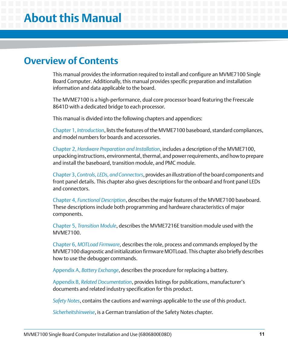 About this manual, Overview of contents | Artesyn MVME7100 Single Board Computer Installation and Use (June 2014) User Manual | Page 11 / 138