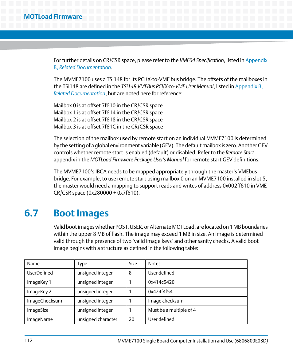 7 boot images, Motload firmware | Artesyn MVME7100 Single Board Computer Installation and Use (June 2014) User Manual | Page 112 / 138