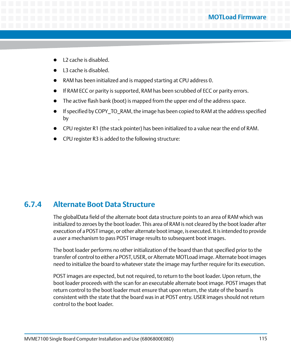 4 alternate boot data structure, Motload firmware | Artesyn MVME7100 Single Board Computer Installation and Use (June 2014) User Manual | Page 115 / 138