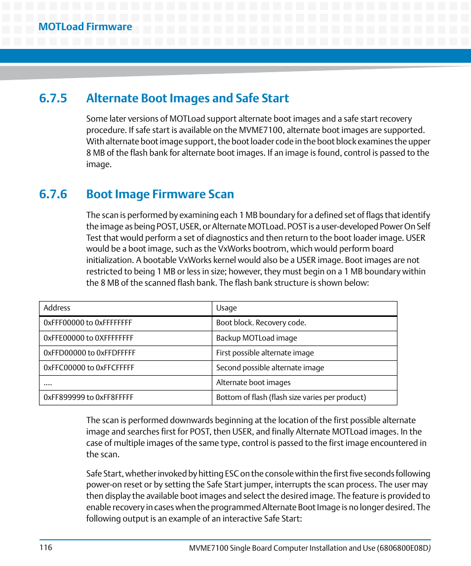 5 alternate boot images and safe start, 6 boot image firmware scan, Motload firmware | Artesyn MVME7100 Single Board Computer Installation and Use (June 2014) User Manual | Page 116 / 138