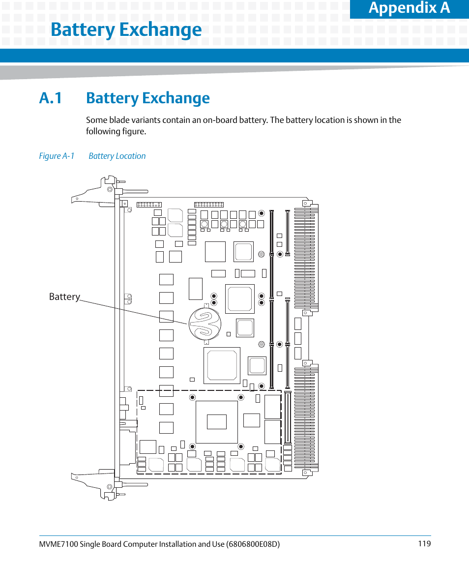 A battery exchange, A.1 battery exchange, Figure a-1 | Battery location, Appendix a, battery exchange, Battery exchange, Appendix a | Artesyn MVME7100 Single Board Computer Installation and Use (June 2014) User Manual | Page 119 / 138