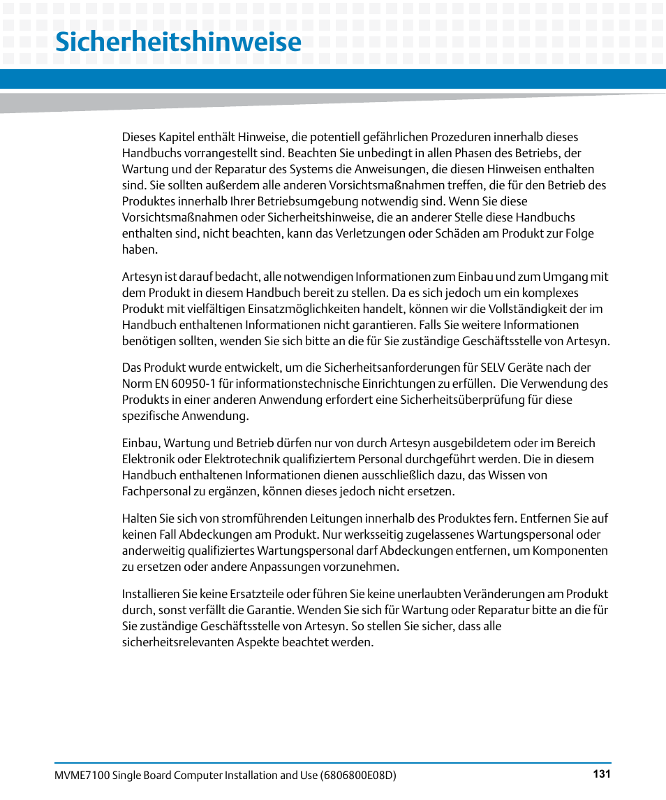 Sicherheitshinweise, Is a ge | Artesyn MVME7100 Single Board Computer Installation and Use (June 2014) User Manual | Page 131 / 138