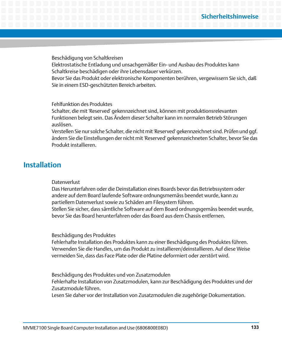 Installation, Sicherheitshinweise | Artesyn MVME7100 Single Board Computer Installation and Use (June 2014) User Manual | Page 133 / 138