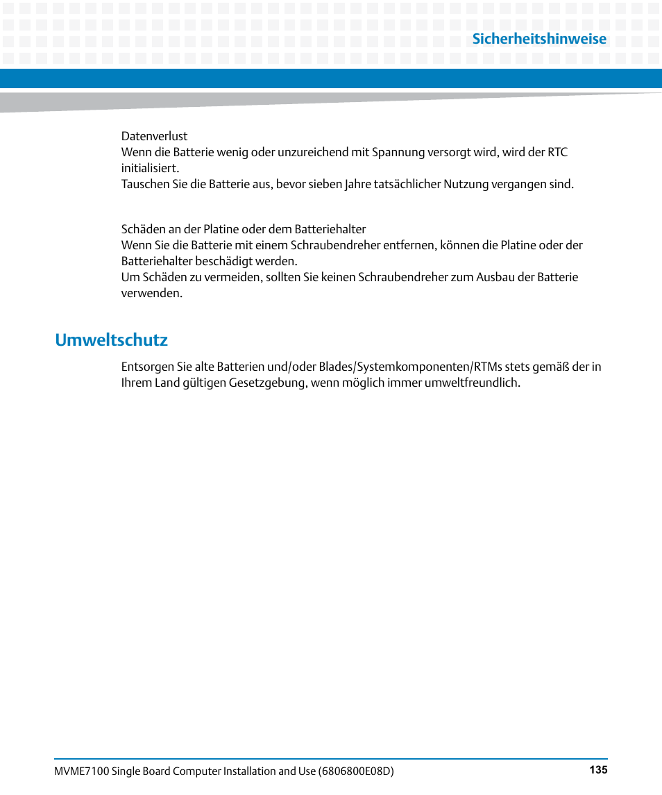 Umweltschutz | Artesyn MVME7100 Single Board Computer Installation and Use (June 2014) User Manual | Page 135 / 138