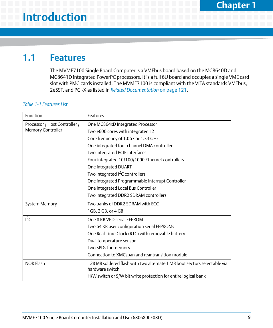 Introduction, 1 features, Table 1-1 | Features list, Chapter 1, introduction, Chapter 1 | Artesyn MVME7100 Single Board Computer Installation and Use (June 2014) User Manual | Page 19 / 138