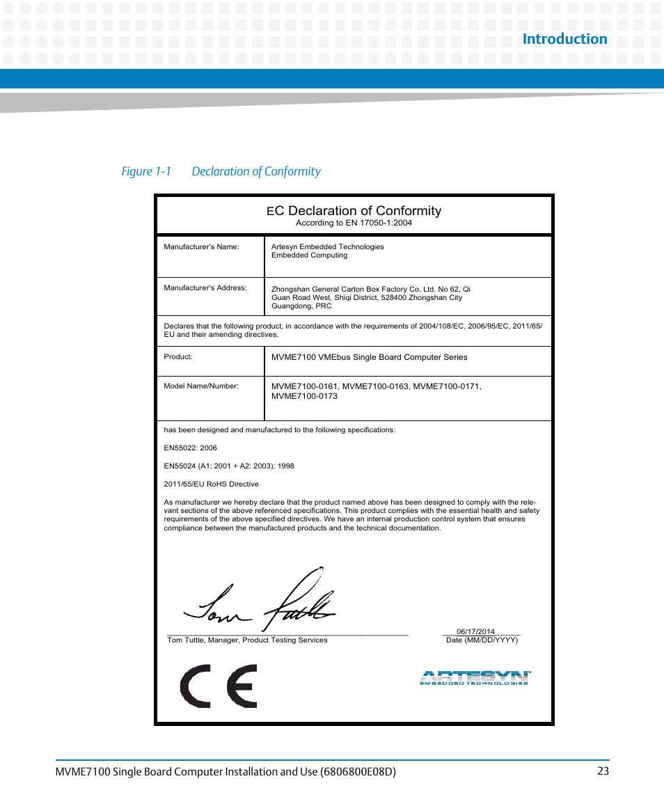 Introduction, C declaration of conformity, Figure 1-1 declaration of conformity | Artesyn MVME7100 Single Board Computer Installation and Use (June 2014) User Manual | Page 23 / 138