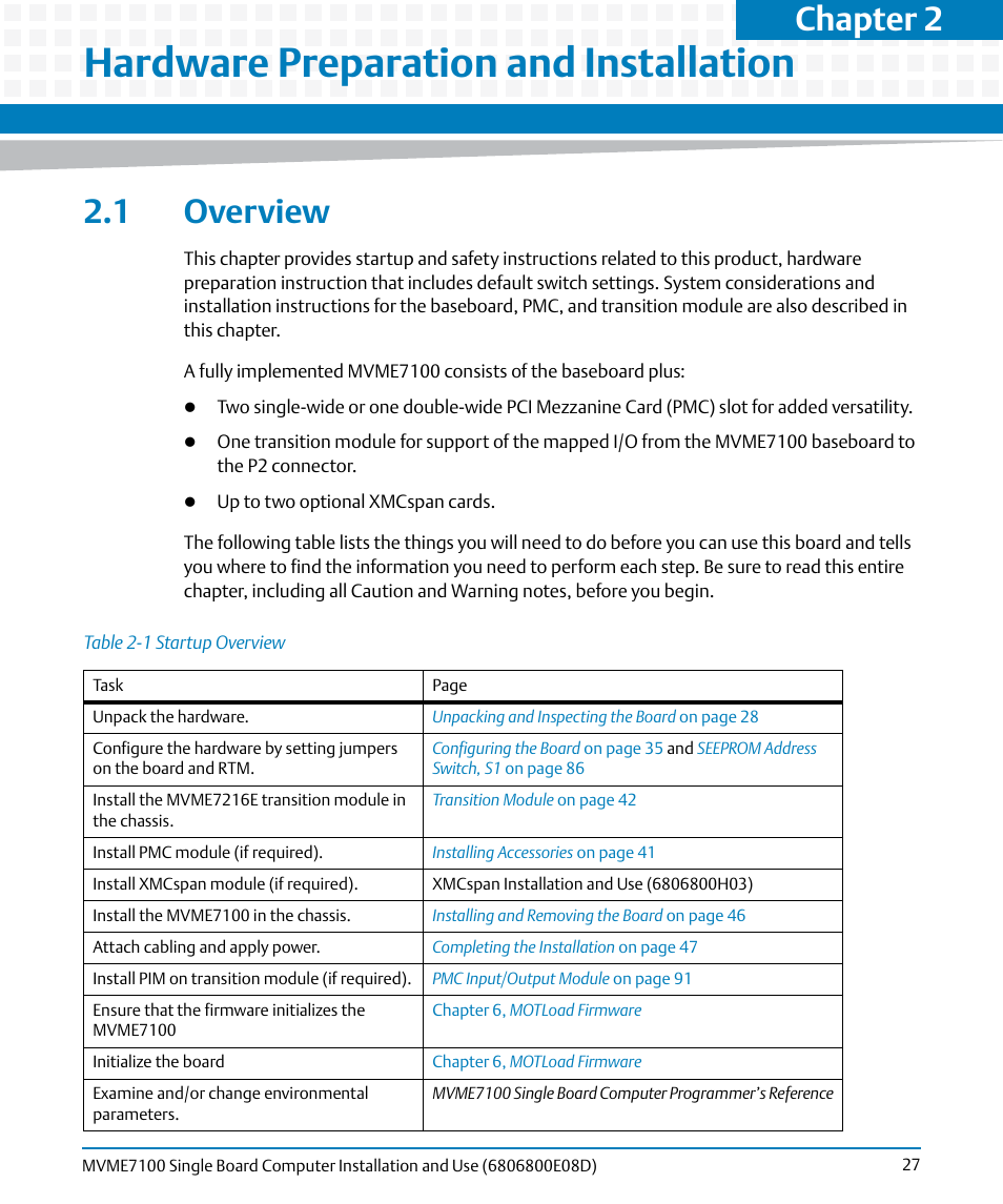 Hardware preparation and installation, 1 overview, Table 2-1 | Startup overview, Chapter 2, hardware preparation and installation, Chapter 2 | Artesyn MVME7100 Single Board Computer Installation and Use (June 2014) User Manual | Page 27 / 138