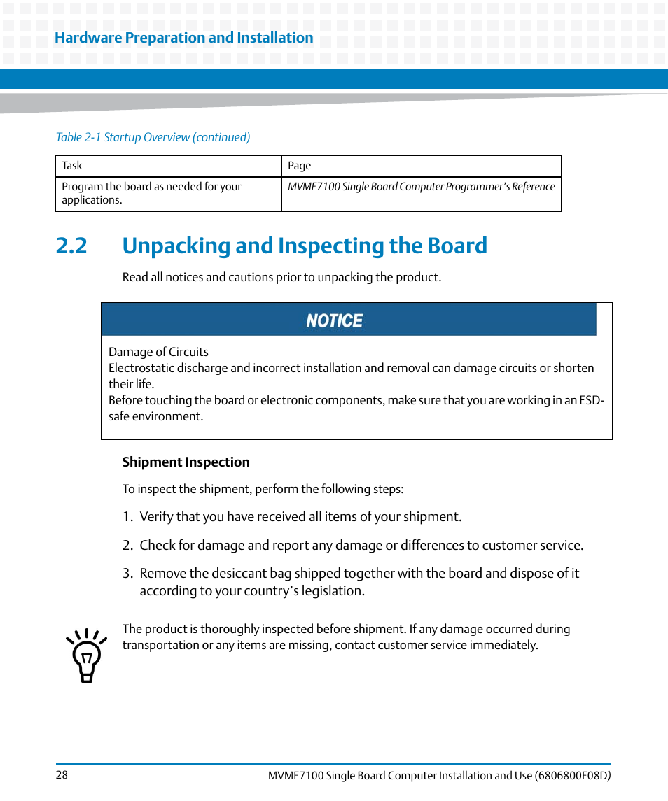 2 unpacking and inspecting the board, Unpacking and inspecting the board | Artesyn MVME7100 Single Board Computer Installation and Use (June 2014) User Manual | Page 28 / 138