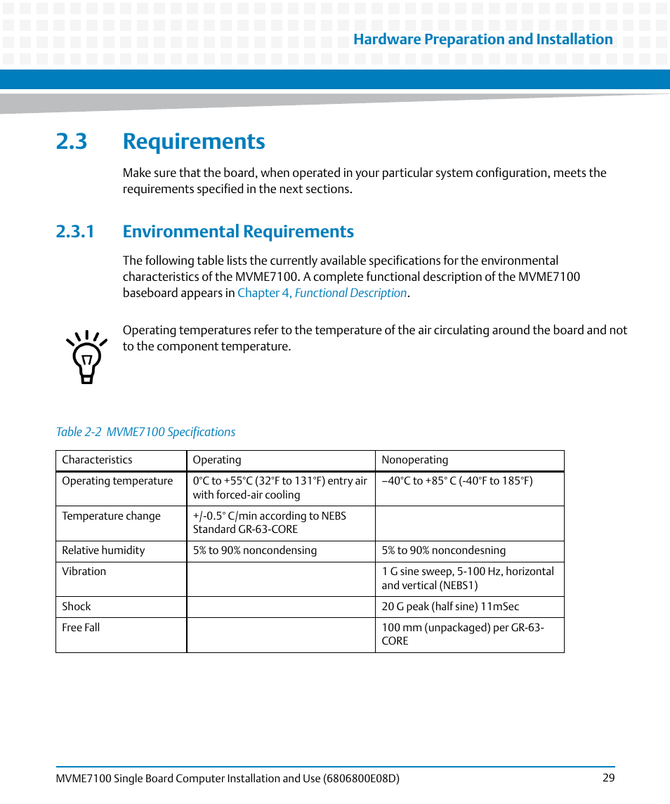 3 requirements, 1 environmental requirements, Table 2-2 | Mvme7100 specifications, Hardware preparation and installation | Artesyn MVME7100 Single Board Computer Installation and Use (June 2014) User Manual | Page 29 / 138