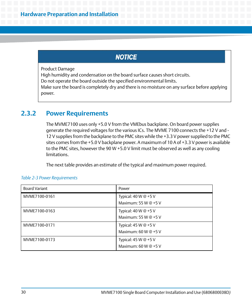 2 power requirements, Table 2-3, Power requirements | Hardware preparation and installation | Artesyn MVME7100 Single Board Computer Installation and Use (June 2014) User Manual | Page 30 / 138