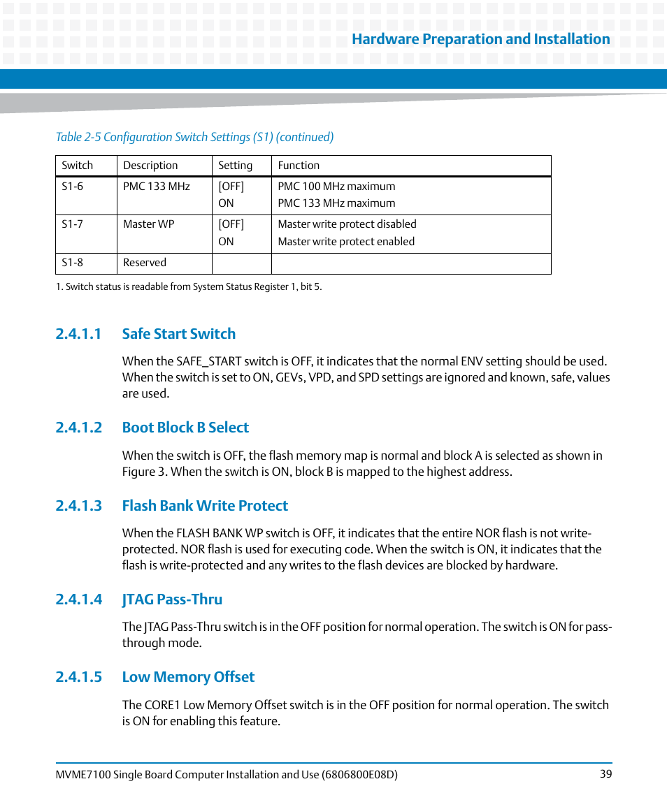 1 safe start switch, 2 boot block b select, 3 flash bank write protect | 4 jtag pass-thru, 5 low memory offset, Hardware preparation and installation | Artesyn MVME7100 Single Board Computer Installation and Use (June 2014) User Manual | Page 39 / 138