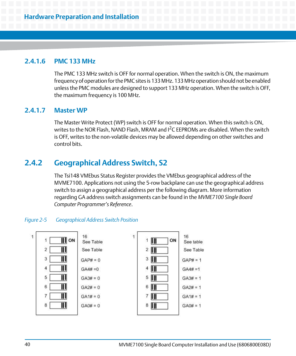 6 pmc 133 mhz, 7 master wp, 2 geographical address switch, s2 | 6 pmc 133 mhz 2.4.1.7 master wp, Figure 2-5, Geographical address switch position | Artesyn MVME7100 Single Board Computer Installation and Use (June 2014) User Manual | Page 40 / 138