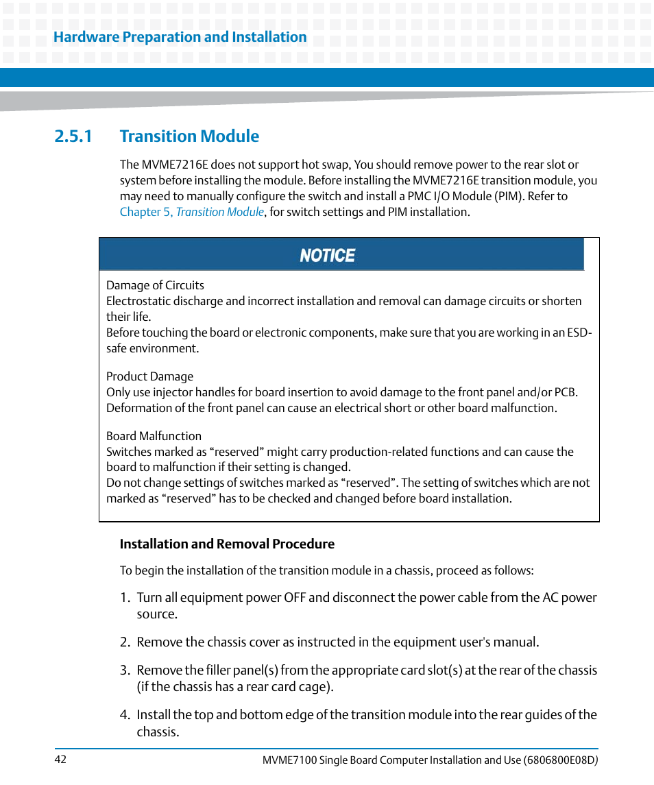 1 transition module, Transition module | Artesyn MVME7100 Single Board Computer Installation and Use (June 2014) User Manual | Page 42 / 138