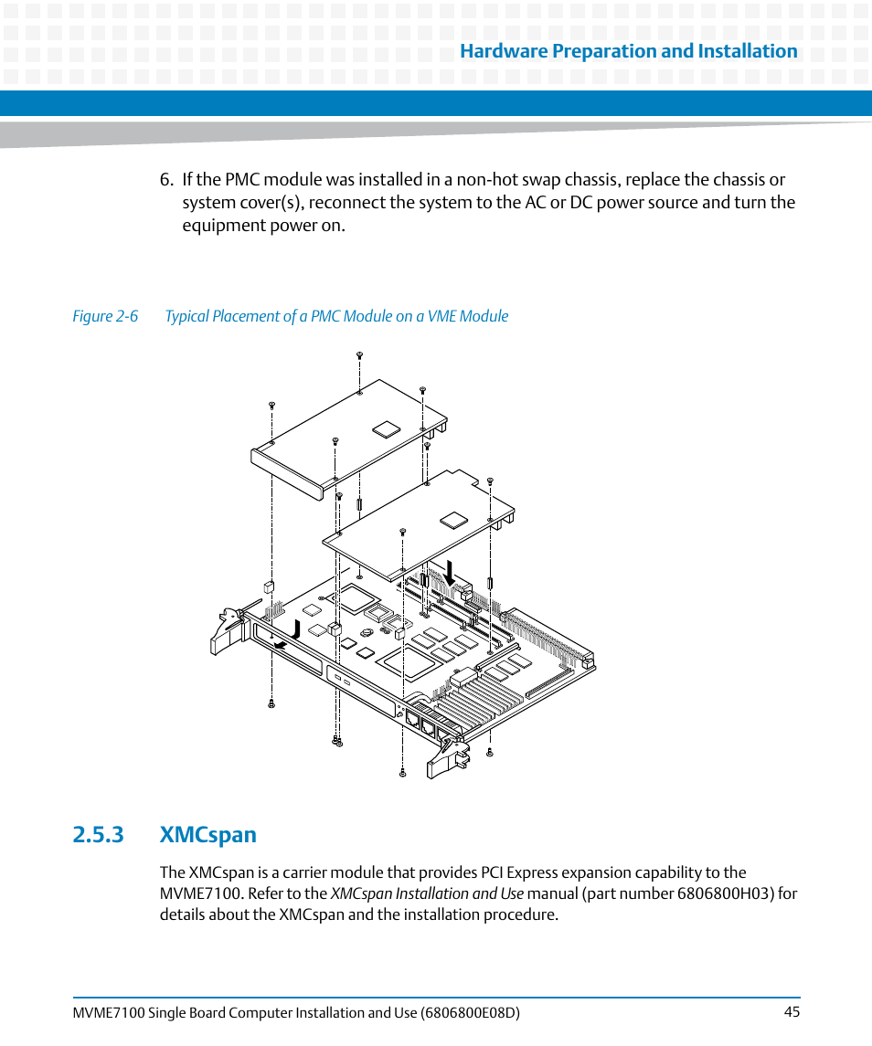 3 xmcspan, Figure 2-6, Typical placement of a pmc module on a vme module | Artesyn MVME7100 Single Board Computer Installation and Use (June 2014) User Manual | Page 45 / 138
