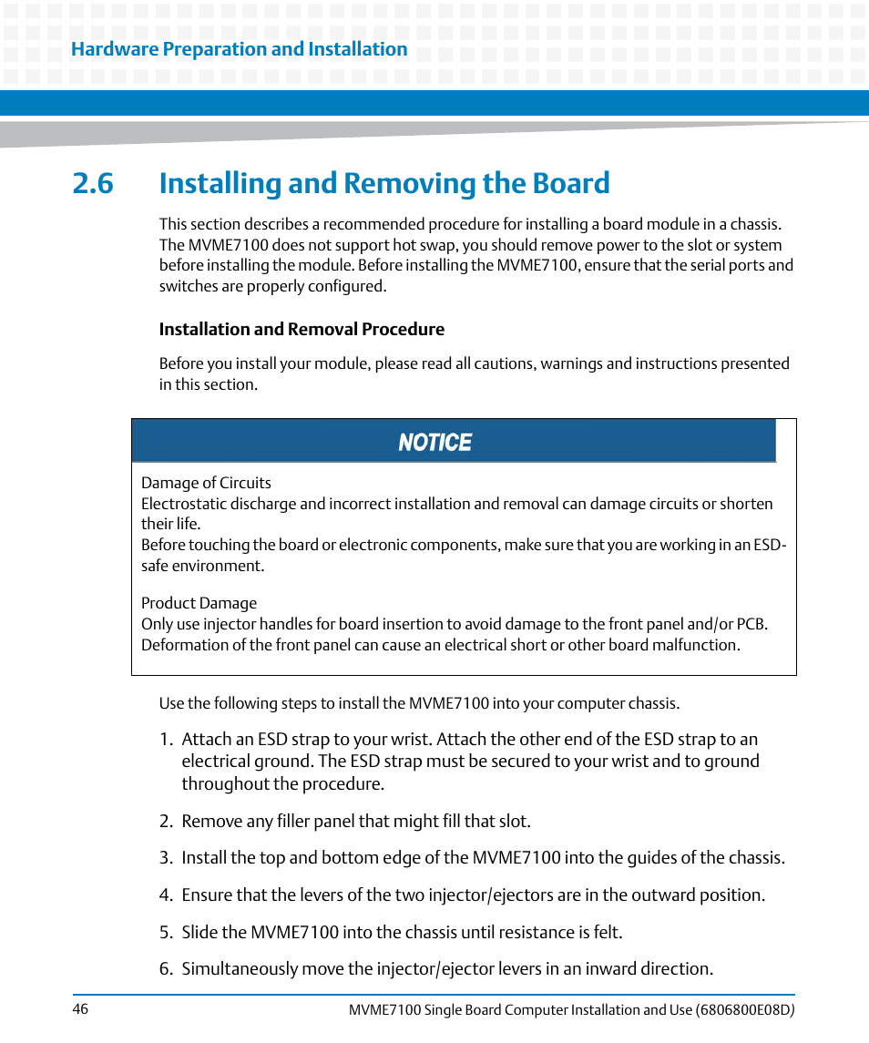 6 installing and removing the board, Installing and removing the board | Artesyn MVME7100 Single Board Computer Installation and Use (June 2014) User Manual | Page 46 / 138
