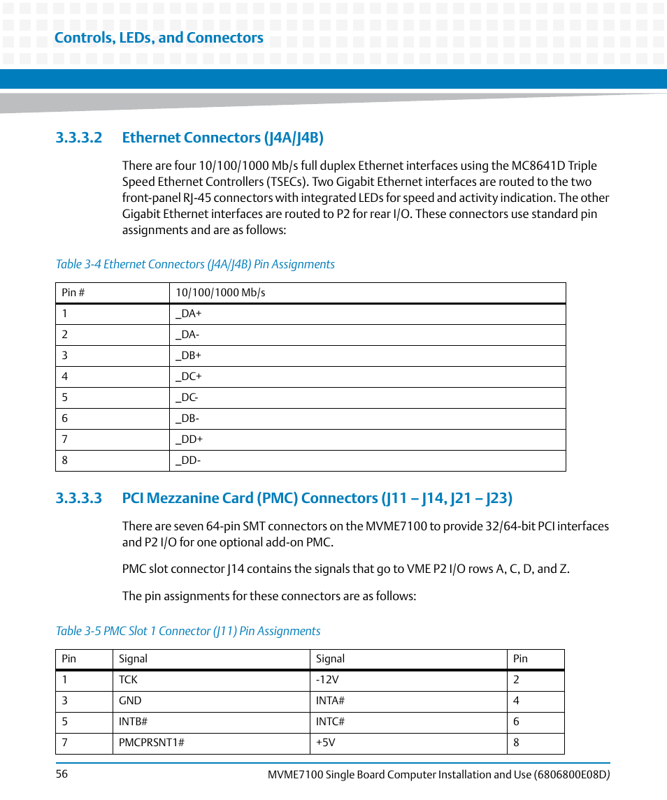 2 ethernet connectors (j4a/j4b), Table 3-4, Ethernet connectors (j4a/j4b) pin assignments | Table 3-5, Pmc slot 1 connector (j11) pin assignments, Controls, leds, and connectors | Artesyn MVME7100 Single Board Computer Installation and Use (June 2014) User Manual | Page 56 / 138