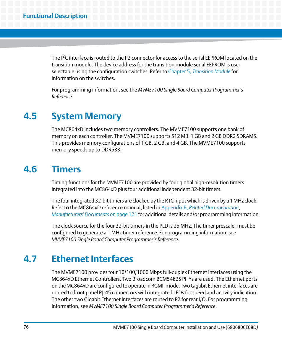 5 system memory, 6 timers, 7 ethernet interfaces | 5 system memory 4.6 timers 4.7 ethernet interfaces | Artesyn MVME7100 Single Board Computer Installation and Use (June 2014) User Manual | Page 76 / 138