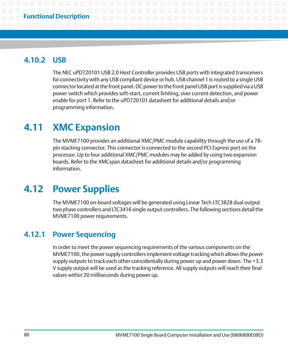 2 usb, 11 xmc expansion, 12 power supplies | 1 power sequencing, 11 xmc expansion 4.12 power supplies | Artesyn MVME7100 Single Board Computer Installation and Use (June 2014) User Manual | Page 80 / 138