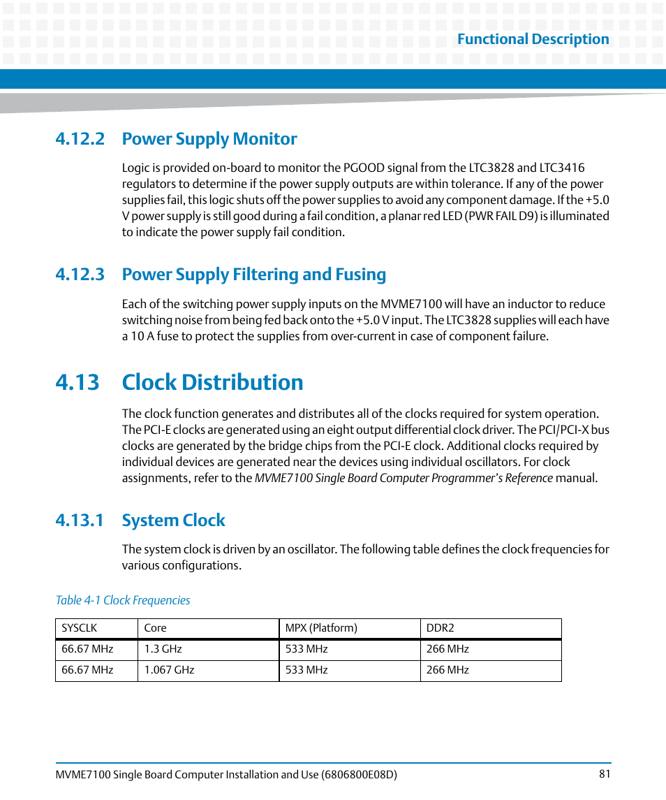 2 power supply monitor, 3 power supply filtering and fusing, 13 clock distribution | 1 system clock, Table 4-1, Clock frequencies, Functional description | Artesyn MVME7100 Single Board Computer Installation and Use (June 2014) User Manual | Page 81 / 138