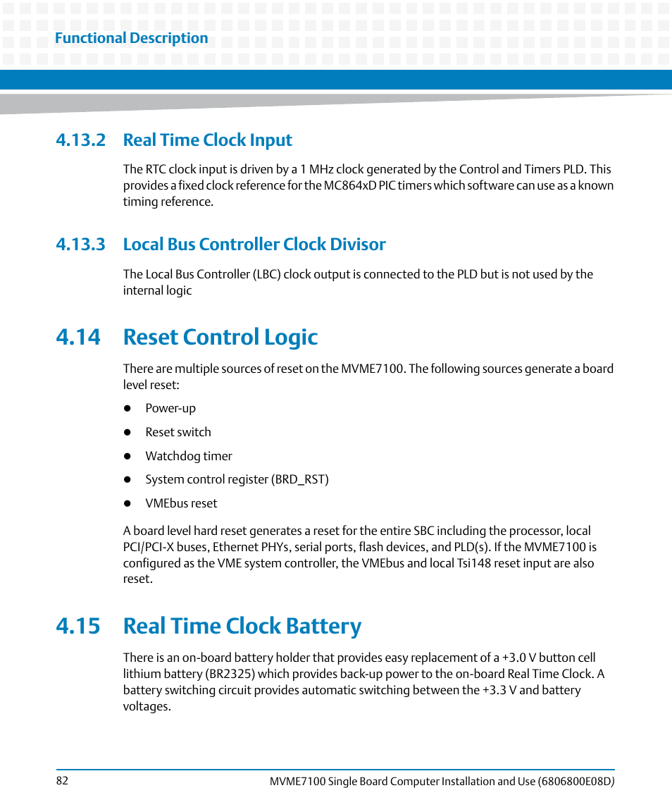 2 real time clock input, 3 local bus controller clock divisor, 14 reset control logic | 15 real time clock battery | Artesyn MVME7100 Single Board Computer Installation and Use (June 2014) User Manual | Page 82 / 138