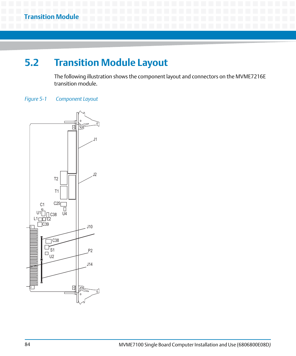 2 transition module layout, Figure 5-1, Component layout | Transition module | Artesyn MVME7100 Single Board Computer Installation and Use (June 2014) User Manual | Page 84 / 138