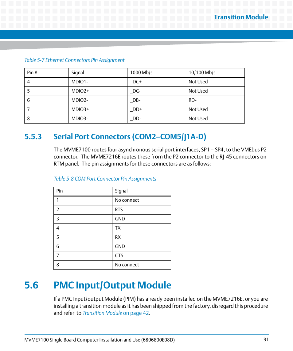 3 serial port connectors (com2–com5/j1a-d), 6 pmc input/output module, Table 5-8 | Com port connector pin assignments, Pmc input/output module, Transition module | Artesyn MVME7100 Single Board Computer Installation and Use (June 2014) User Manual | Page 91 / 138