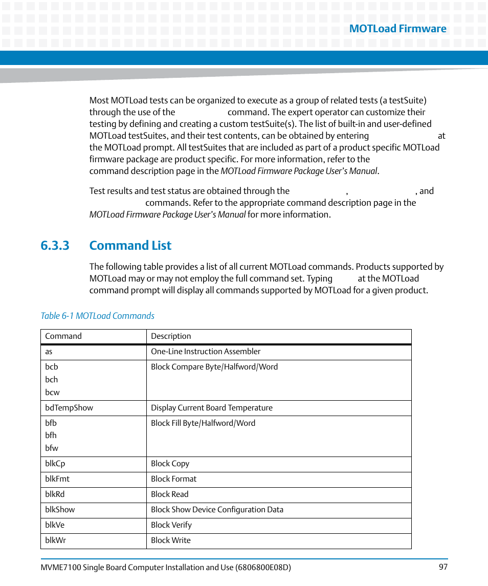 3 command list, Table 6-1, Motload commands | Motload firmware | Artesyn MVME7100 Single Board Computer Installation and Use (June 2014) User Manual | Page 97 / 138
