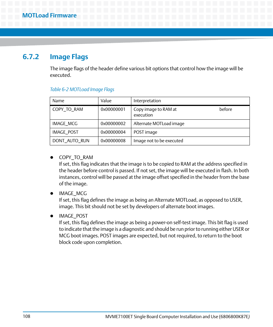 2 image flags, Table 6-2, Motload image flags | Motload firmware | Artesyn MVME7100ET Single Board Computer Installation and Use (June 2014) User Manual | Page 108 / 134