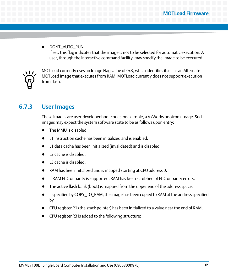 3 user images, Motload firmware | Artesyn MVME7100ET Single Board Computer Installation and Use (June 2014) User Manual | Page 109 / 134