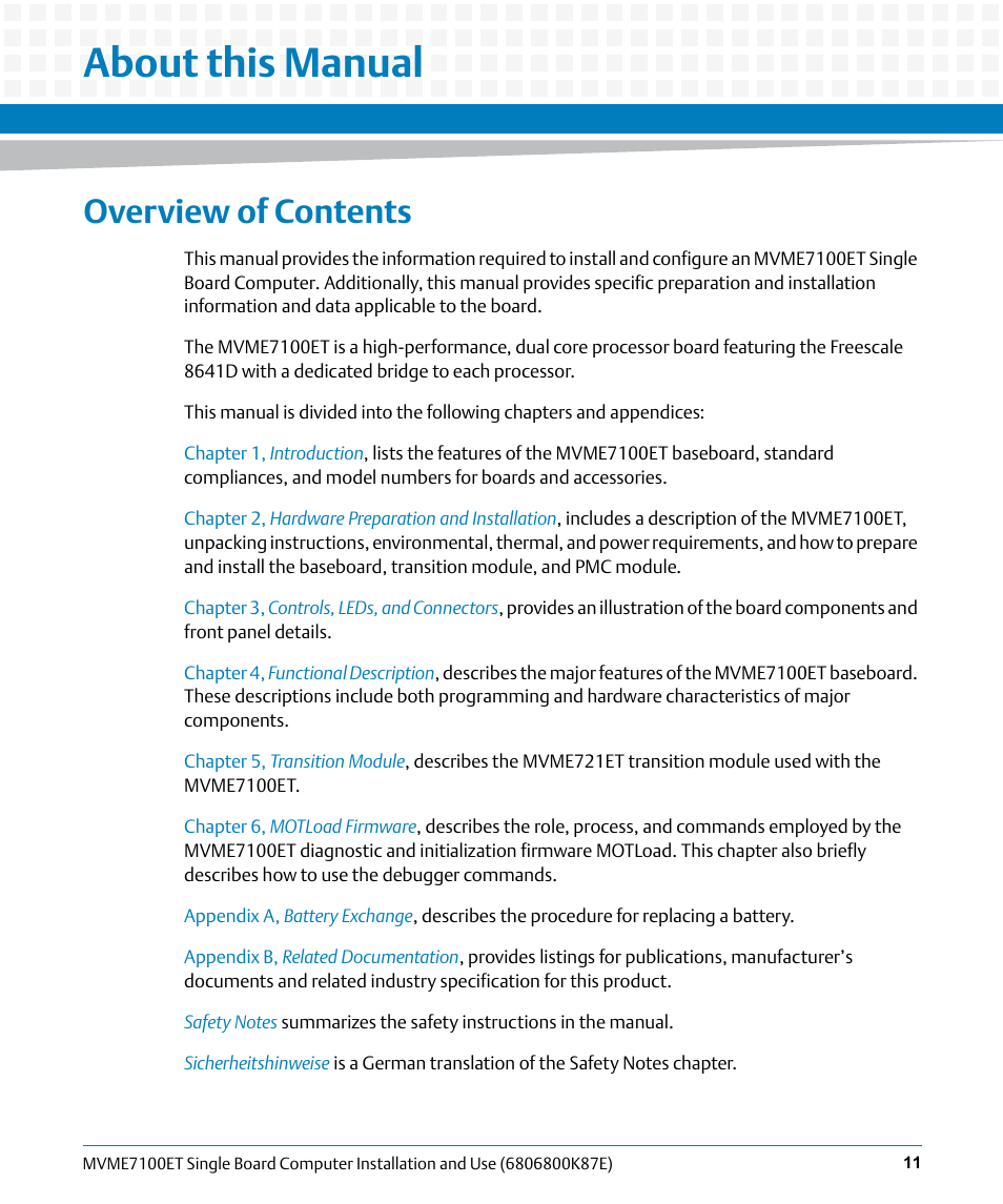 About this manual, Overview of contents | Artesyn MVME7100ET Single Board Computer Installation and Use (June 2014) User Manual | Page 11 / 134